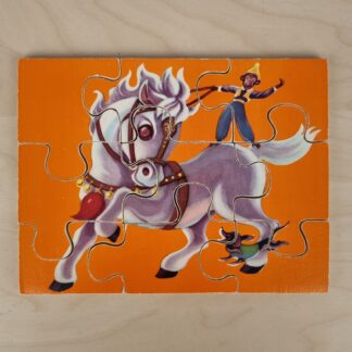 Gammelt træpuslespil med cirkushest og abe - 9 brikker