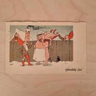 Julekort fra 1943 - Motiv med nisser, gris og gås