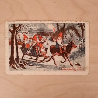 Julekort fra 1933 - Motiv med kane med nisser og rensdyr