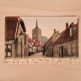 Postkort med parti fra Bibrostræde med Sankt Nikolais Kirke, Nakskov, ca. 1905