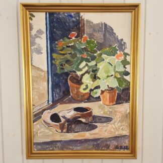 Gertrud Boberg - Motiv med blomster og træsko - olie på lærred - 59x80 cm