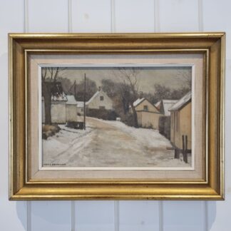 Jørgen Brendekilde - oliemaleri med motiv af sneklædt landsby - 51x40cm