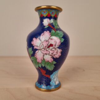 Antik cloisonné vase - blå med motiv af blomster - 13,5cm