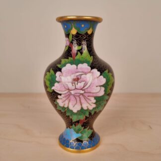 Antik cloisonné vase - Sort med blomstermotiv - 15,5 cm