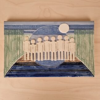 Stig Carlsson, relief med mennesker på geometrisk baggrund - eget værksted - 19x30cm